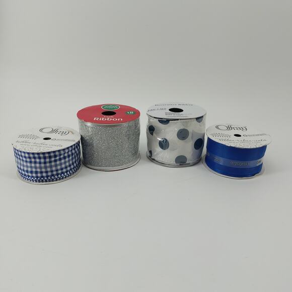 Blue Ribbon Lot Set of 4 Gingham Polkadot Solid Silver Metallic - Picture 4 of 9